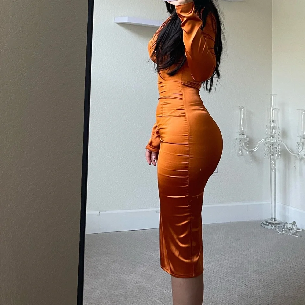 Rust Satin Ruched Dress - Picture 5 of 7